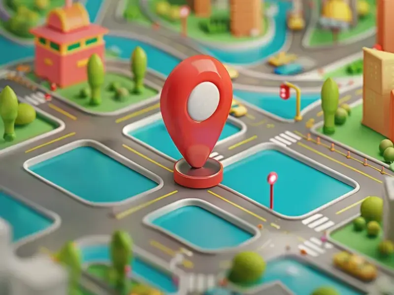Business directory icon featuring a red 3D map pin standing on a miniature city street layout model